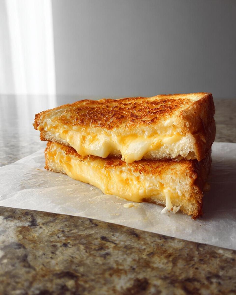 A perfectly grilled cheese sandwich, cut in half, with melted cheese oozing out.
