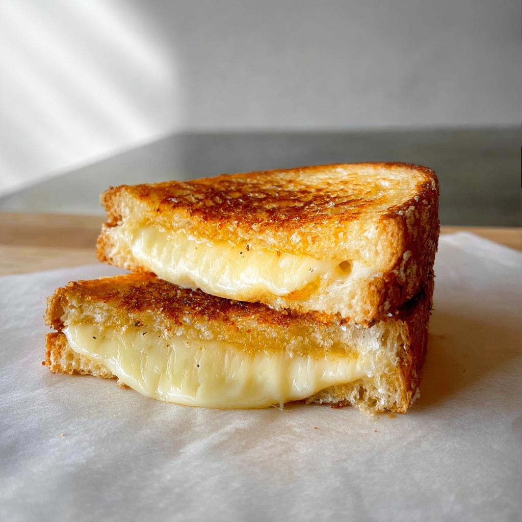 A perfectly grilled cheese sandwich, cut in half, with gooey melted cheese oozing out. The Ultimate Grilled Cheese.