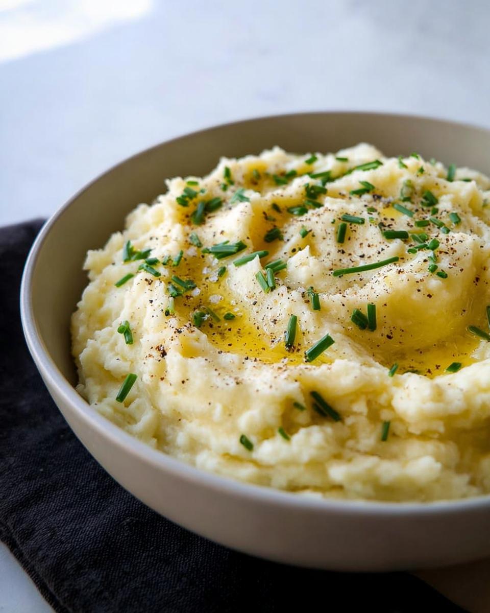 A bowl of creamy mashed potatoes topped with melted butter, fresh chives, and cracked black pepper.