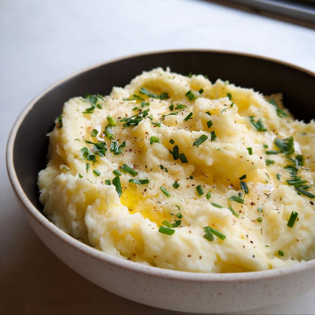 A close-up of creamy mashed potatoes topped with melted butter, chives, and black pepper.