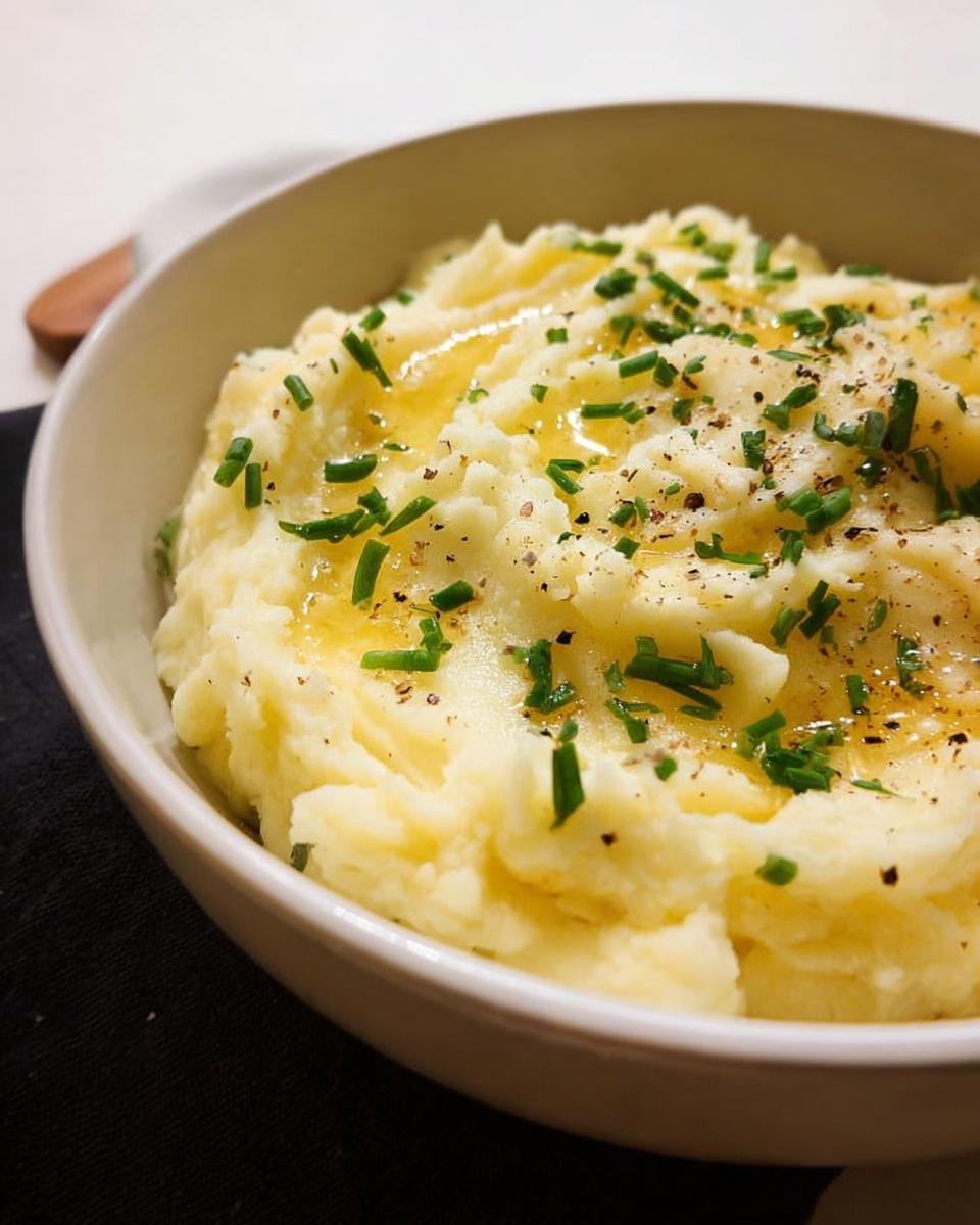 Close-up of creamy mashed potatoes topped with melted butter, chives, and cracked black pepper.