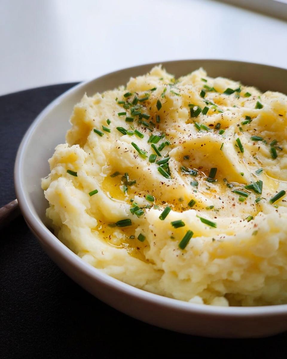A close-up of creamy mashed potatoes topped with melted butter, chives, and black pepper.