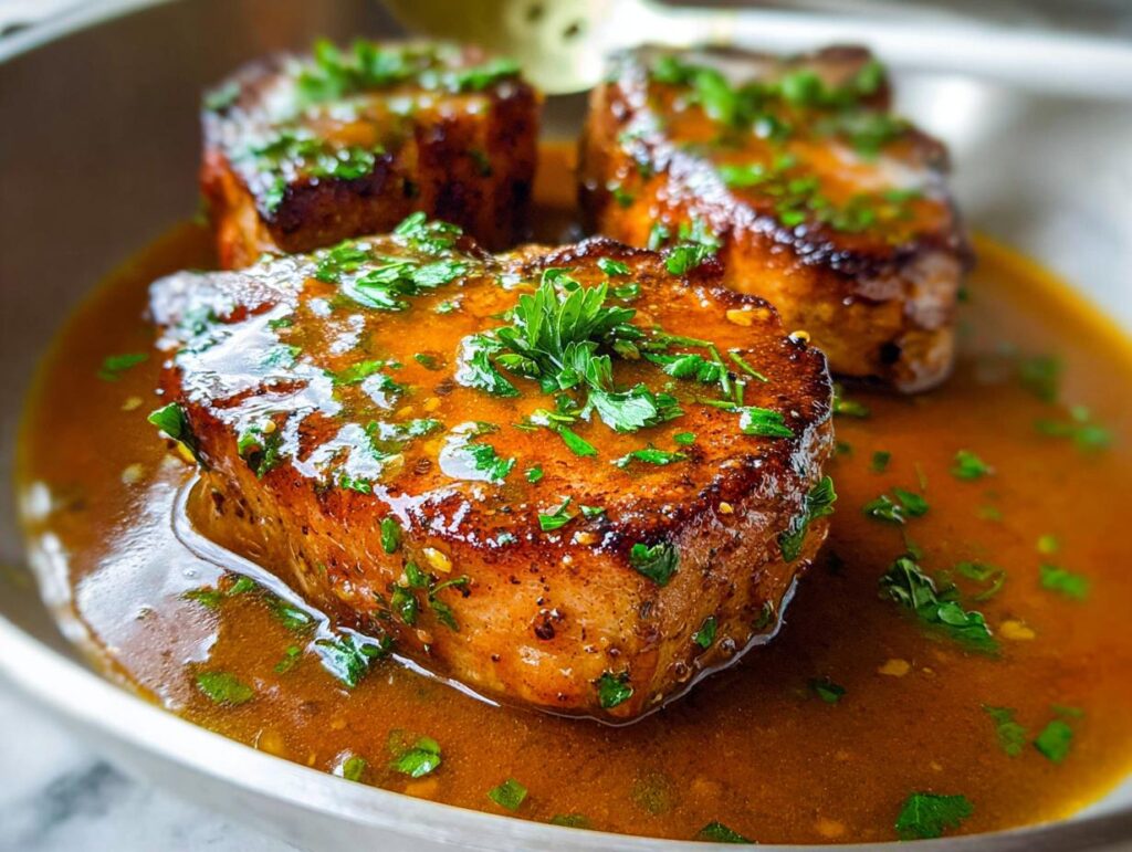 Close-up of three perfectly cooked pork chops swimming in a rich, glossy sauce and garnished with fresh parsley.
