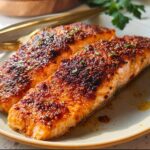Two perfectly cooked salmon fillets with a crispy, seasoned crust, served on a plate. The Ultimate Salmon Recipes Guide for Beginners.
