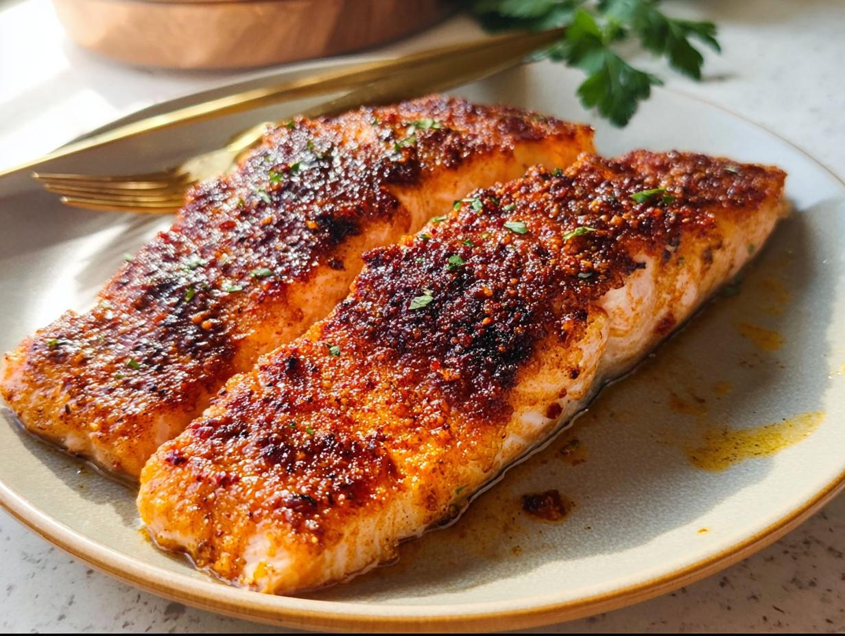 Two perfectly cooked salmon fillets with a crispy, seasoned crust, served on a plate. The Ultimate Salmon Recipes Guide for Beginners.