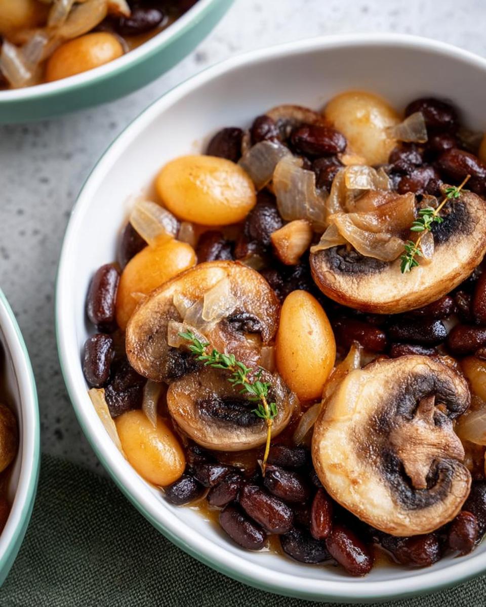 Close-up of a bowl filled with a delicious veggie sides recipe featuring black beans, mushrooms, onions, and small potatoes.