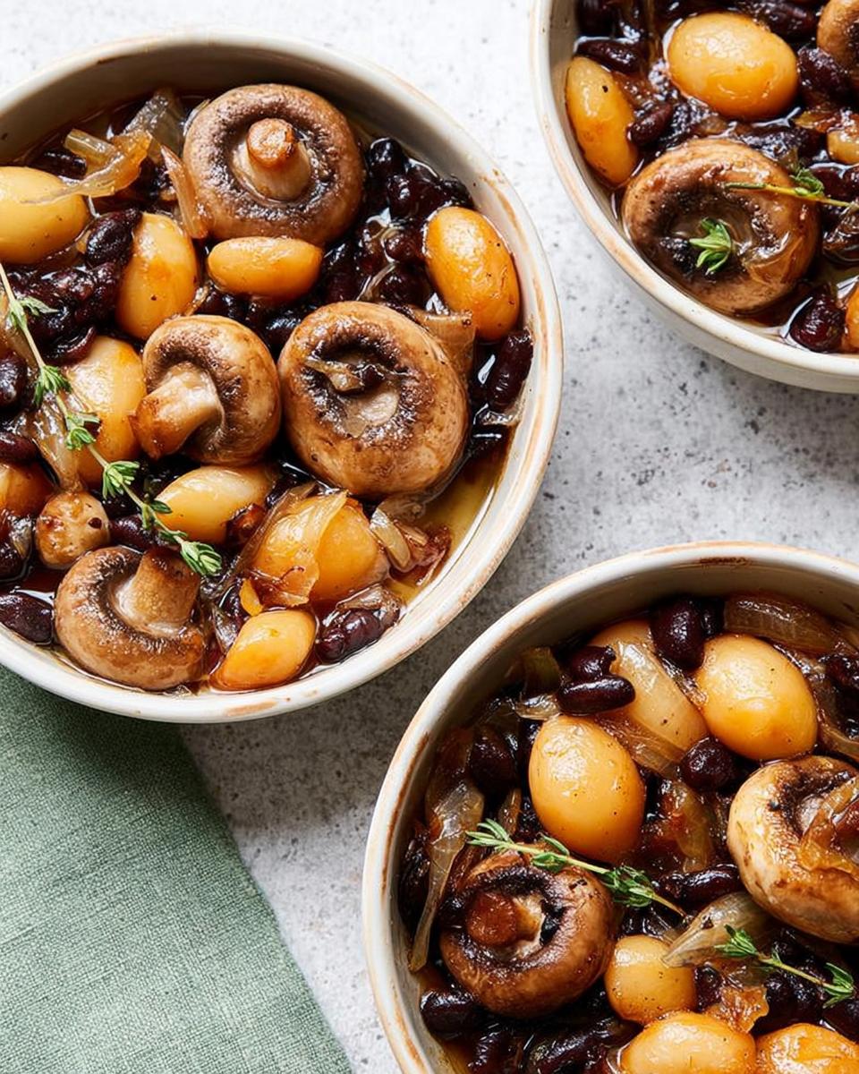 Three bowls filled with a savory veggie sides recipe featuring mushrooms, beans, and potatoes, garnished with thyme.