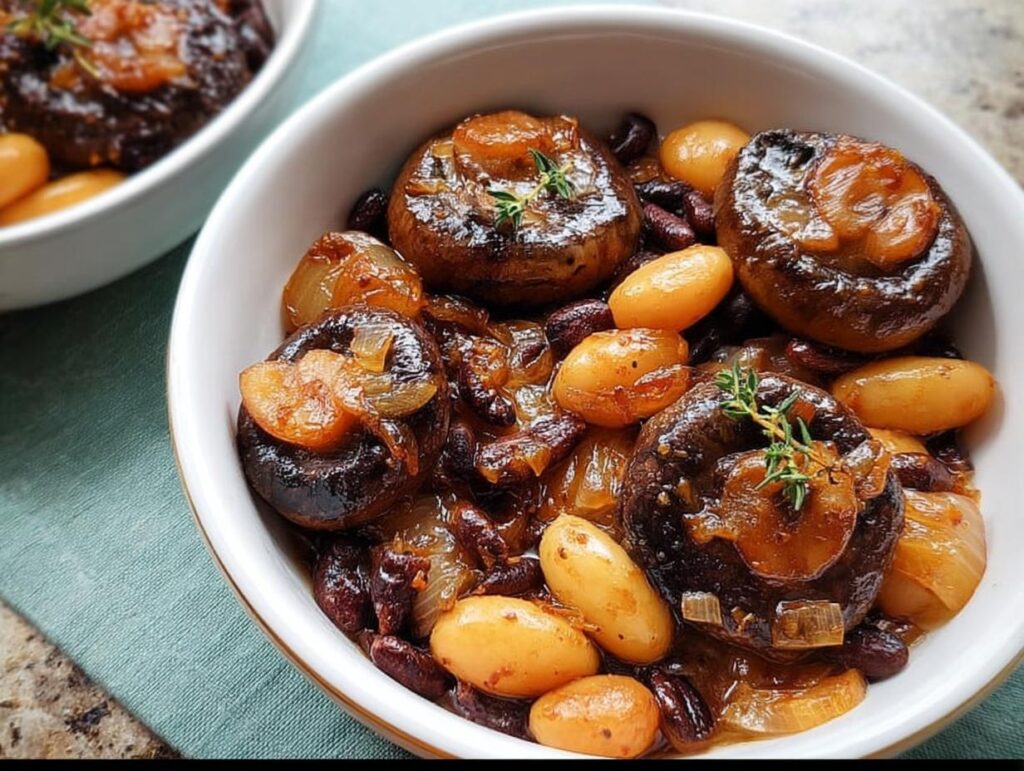 Close-up of a bowl filled with a delicious veggie sides recipe featuring braised mushrooms, white beans, and kidney beans with onions.