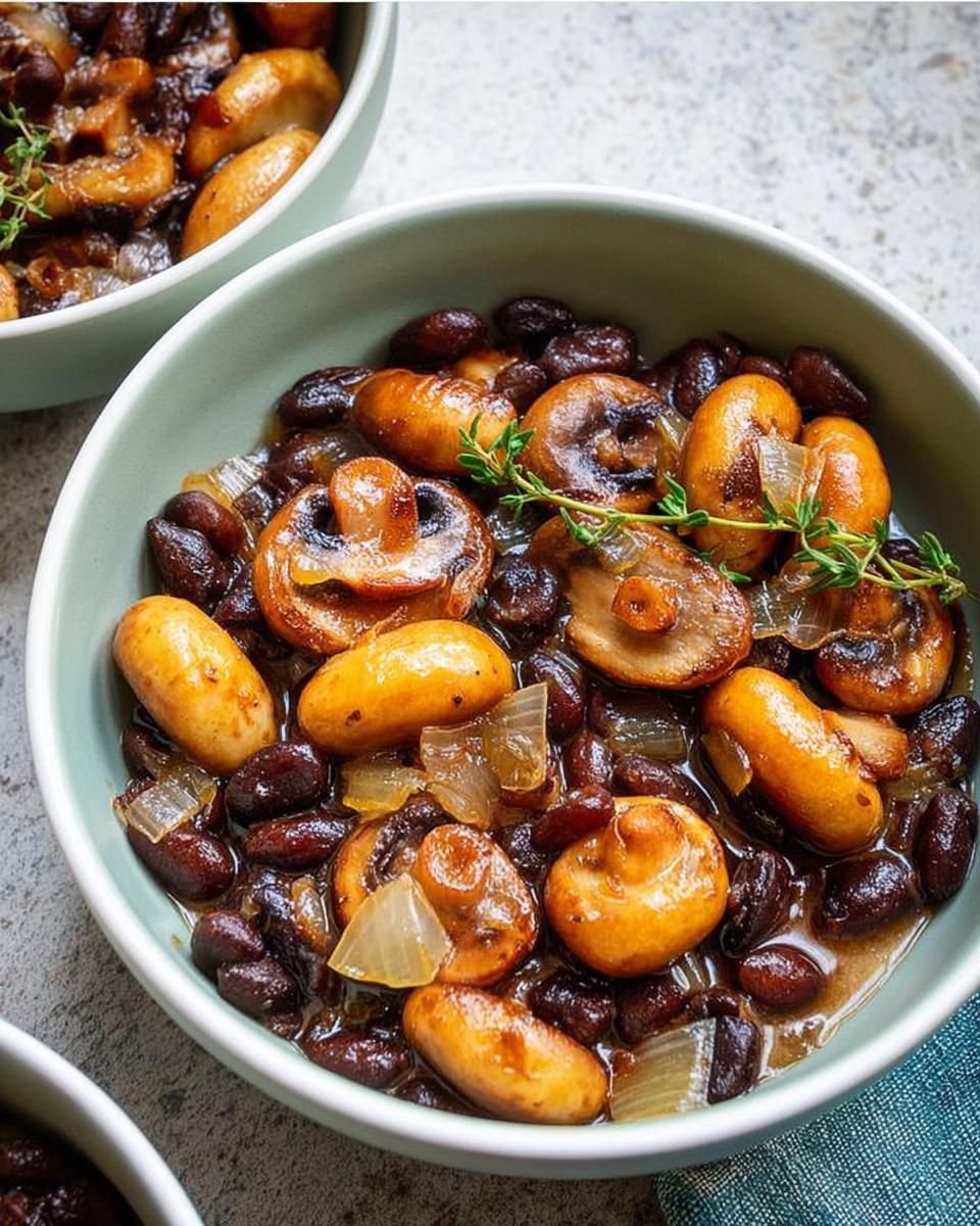 Close-up of a bowl filled with a delicious veggie sides recipe featuring mushrooms, beans, and onions, garnished with thyme.