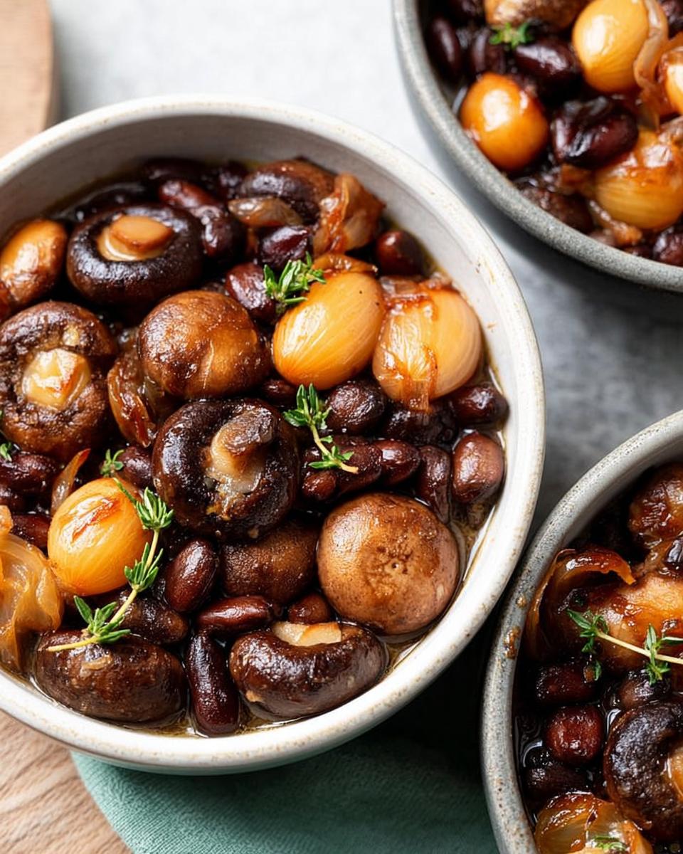 Close-up of a bowl filled with a rich veggie sides recipe featuring mushrooms, beans, and pearl onions, garnished with thyme.