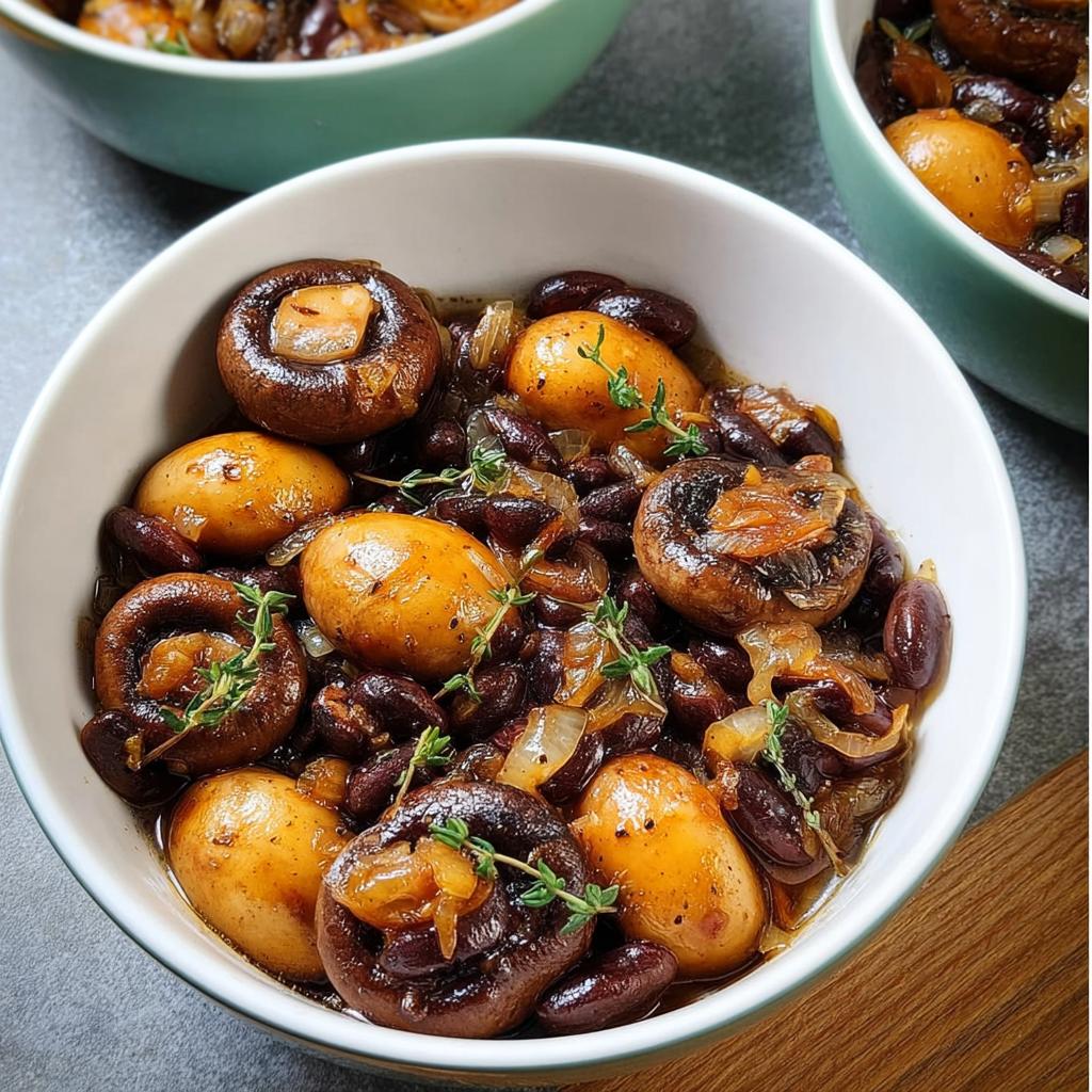 A close-up of a bowl filled with a hearty veggie sides recipe featuring small potatoes, mushrooms, and kidney beans, garnished with thyme.