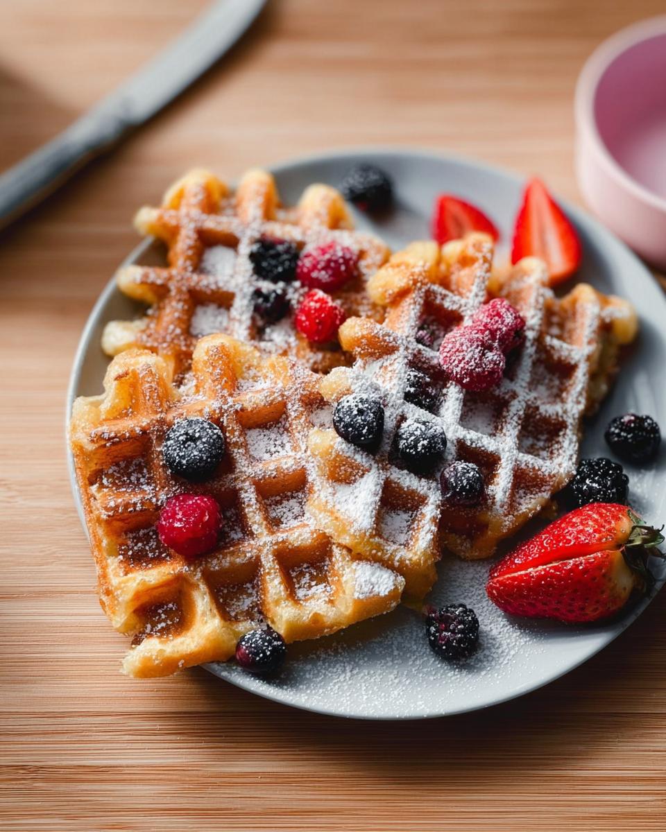 Close-up of three golden waffles topped with powdered sugar and fresh berries, perfect for breakfast ideas.