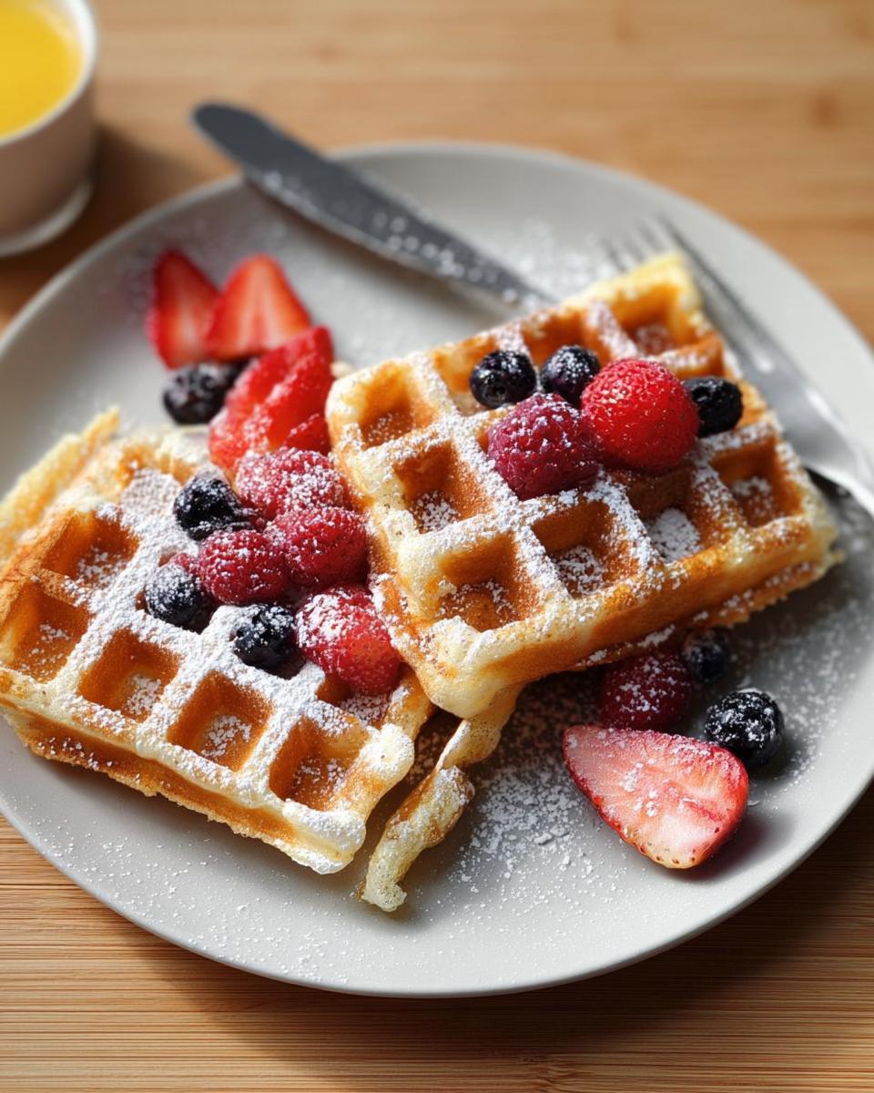 Two golden waffles topped with fresh raspberries, blueberries, and strawberries, dusted with powdered sugar. Part of our breakfast ideas recipes.