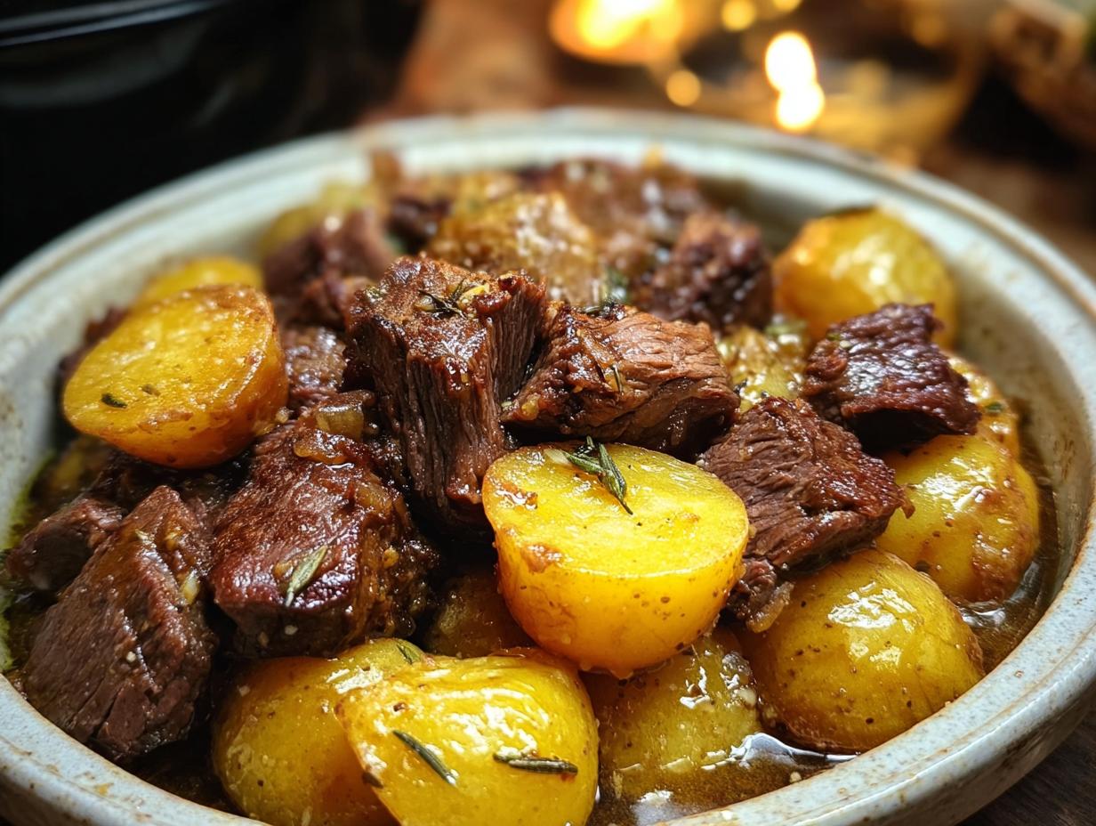 Slow Cooker Garlic Butter Beef with Potatoes - Featured