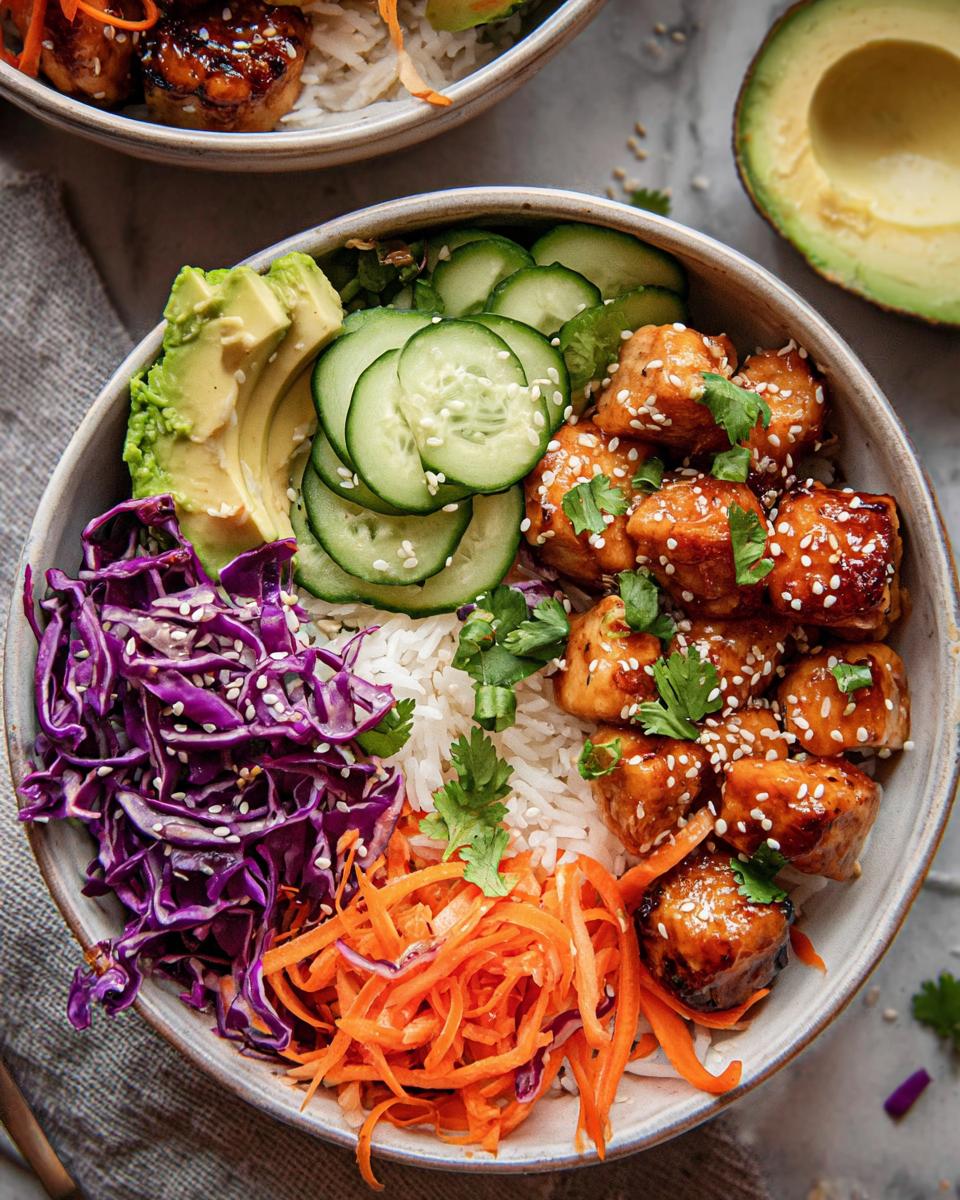 A vibrant Bang Bang Chicken Bowl filled with rice, glazed chicken, shredded carrots, red cabbage, cucumber slices, and avocado.