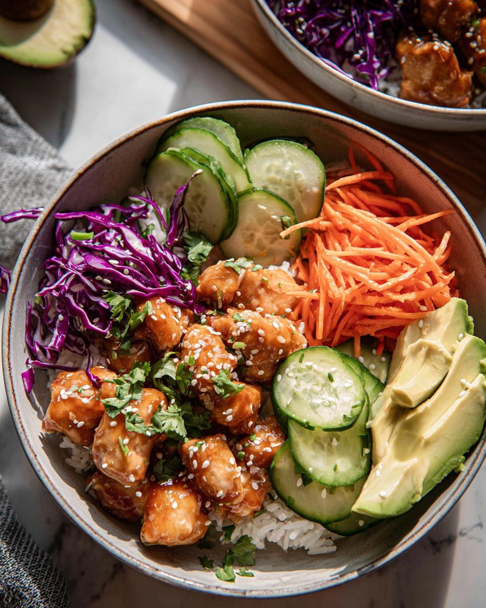 A close-up of a vibrant Bang Bang Chicken Bowl featuring glazed chicken pieces, rice, sliced avocado, cucumber, shredded carrots, and red cabbage.