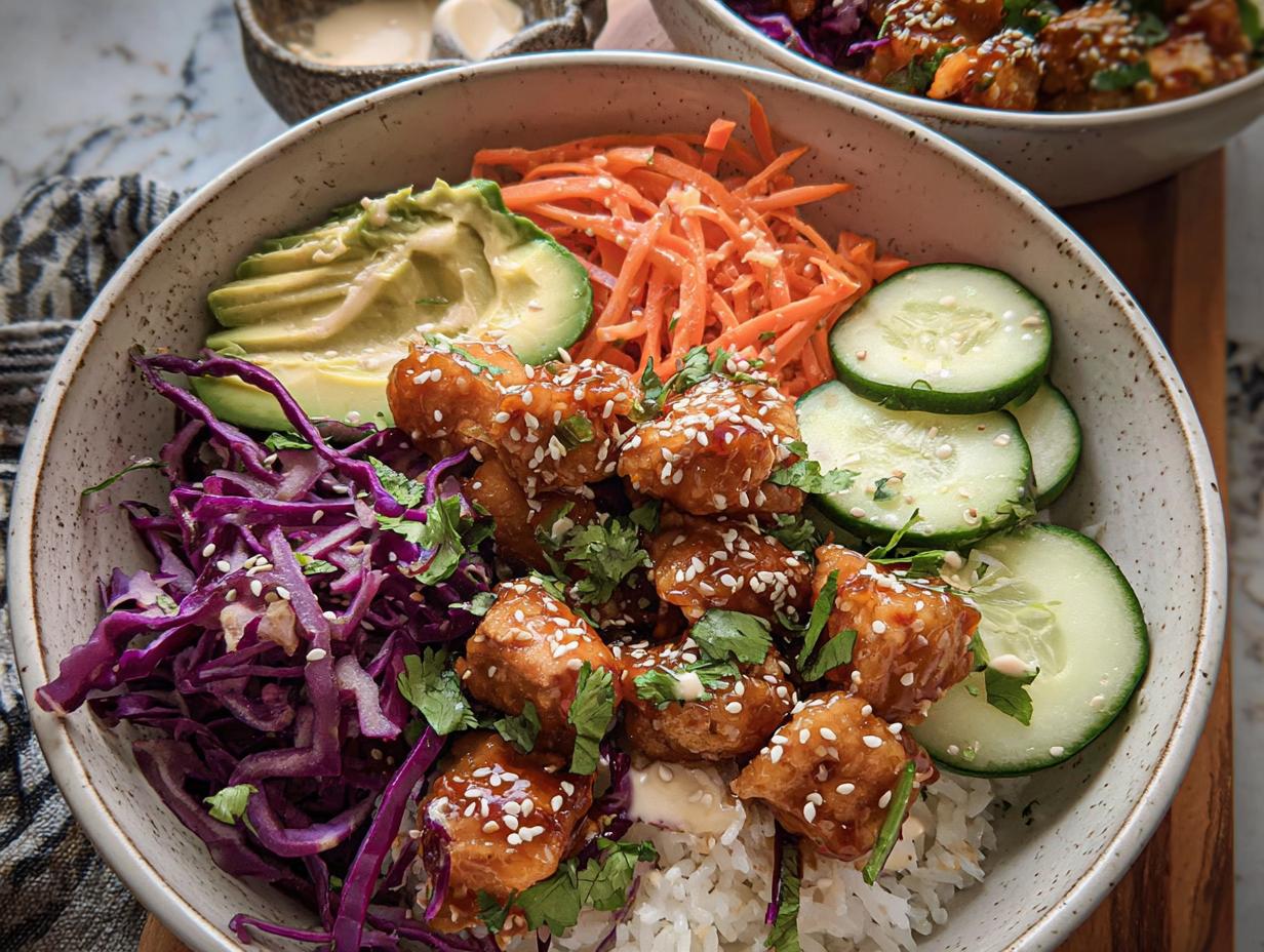A vibrant Bang Bang Chicken Bowl filled with rice, crispy chicken, avocado, shredded carrots, red cabbage, and cucumber slices. Garnished with sesame seeds and cilantro.