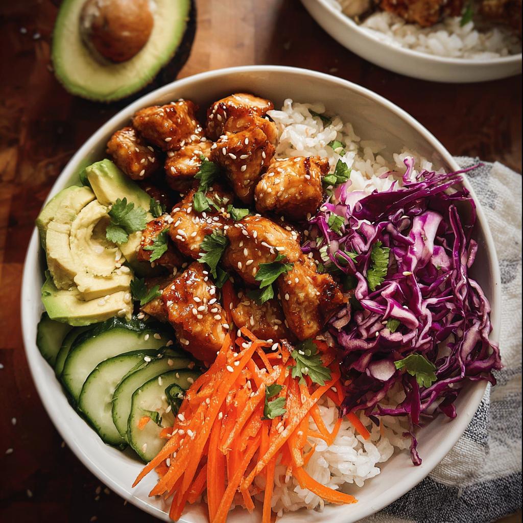 A vibrant Bang Bang Chicken Bowl filled with rice, crispy chicken, avocado, cucumber, shredded carrots, and red cabbage.
