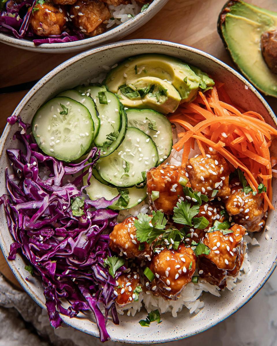 A close-up of a Bang Bang Chicken Bowl filled with rice, crispy chicken, shredded carrots, cucumber slices, red cabbage, and avocado.