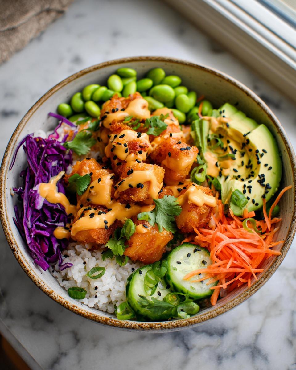A close-up of a Bang Bang Salmon Bites Bowl featuring crispy salmon bites, rice, avocado, edamame, and shredded vegetables.