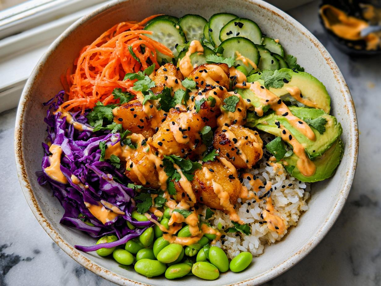 A vibrant bowl filled with rice, edamame, red cabbage, shredded carrots, cucumber slices, avocado, and topped with crispy Bang Bang Salmon Bites.