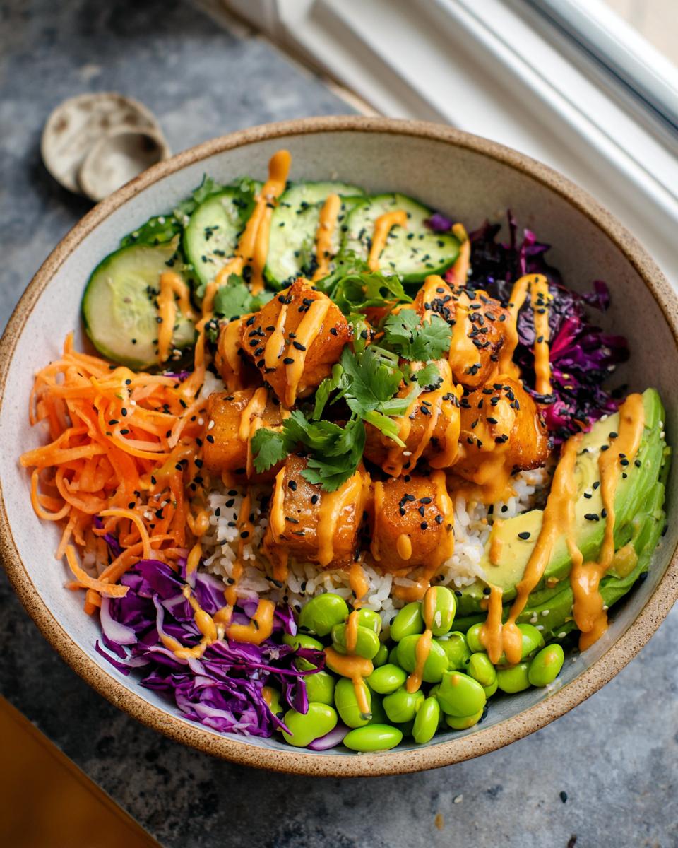 A vibrant bowl of Bang Bang Salmon Bites Bowls featuring salmon bites, rice, avocado, cucumber, shredded carrots, edamame, and red cabbage.