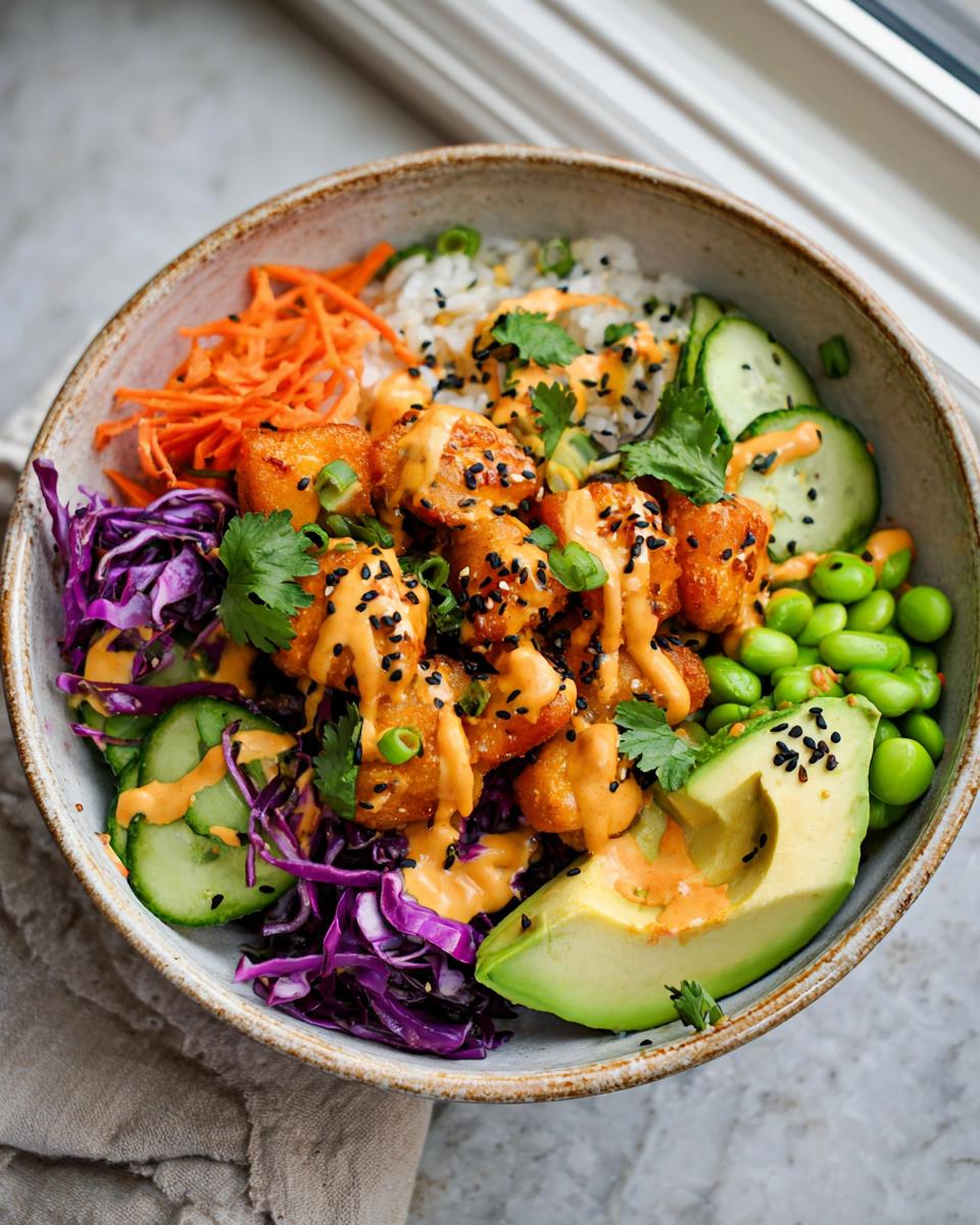 A vibrant bowl of Bang Bang Salmon Bites Bowls with rice, avocado, cucumber, shredded carrots, edamame, and red cabbage, drizzled with sauce.