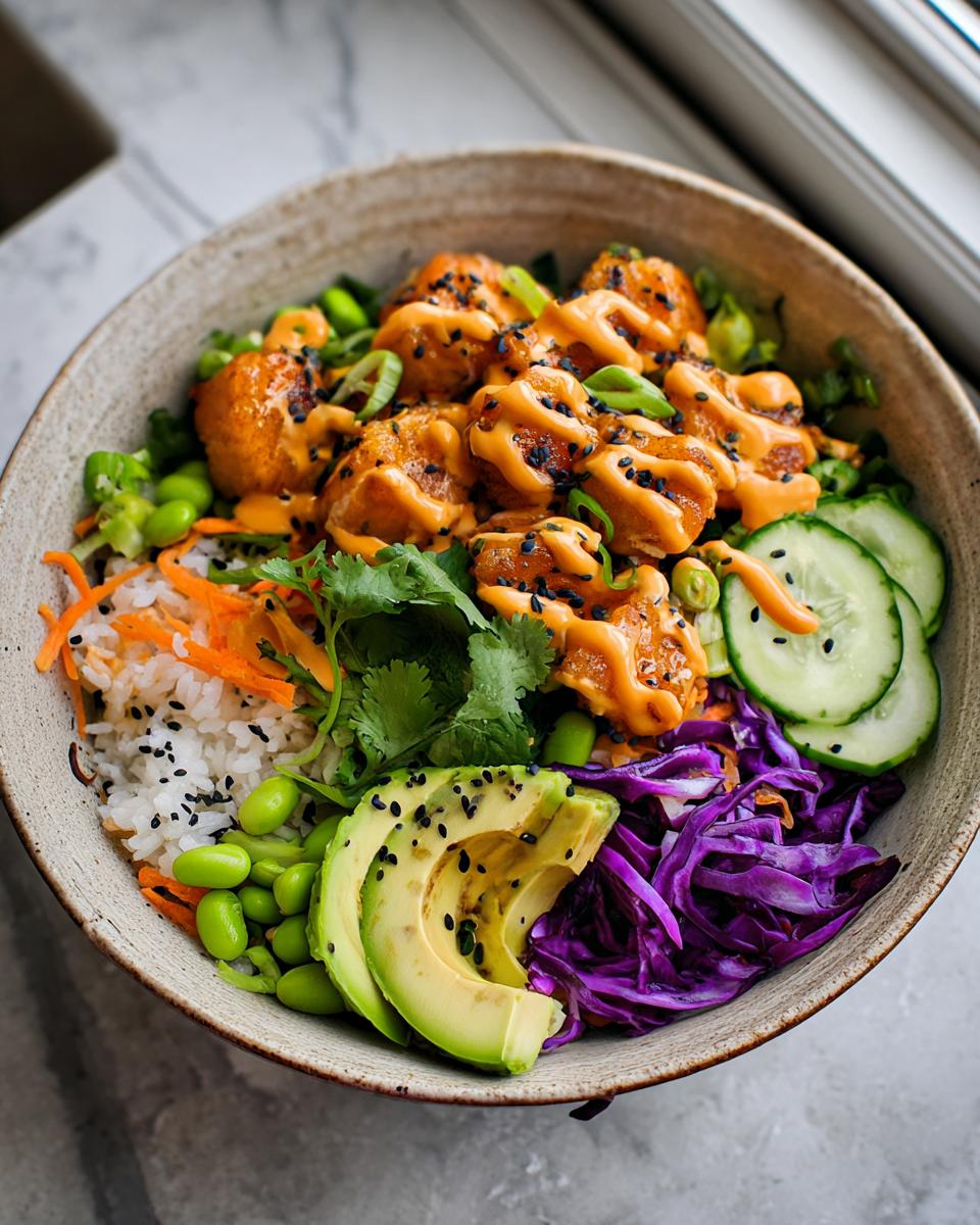 A vibrant bowl of Bang Bang Salmon Bites Bowls, featuring crispy salmon bites drizzled with sauce, rice, avocado, cucumber, edamame, and shredded cabbage.