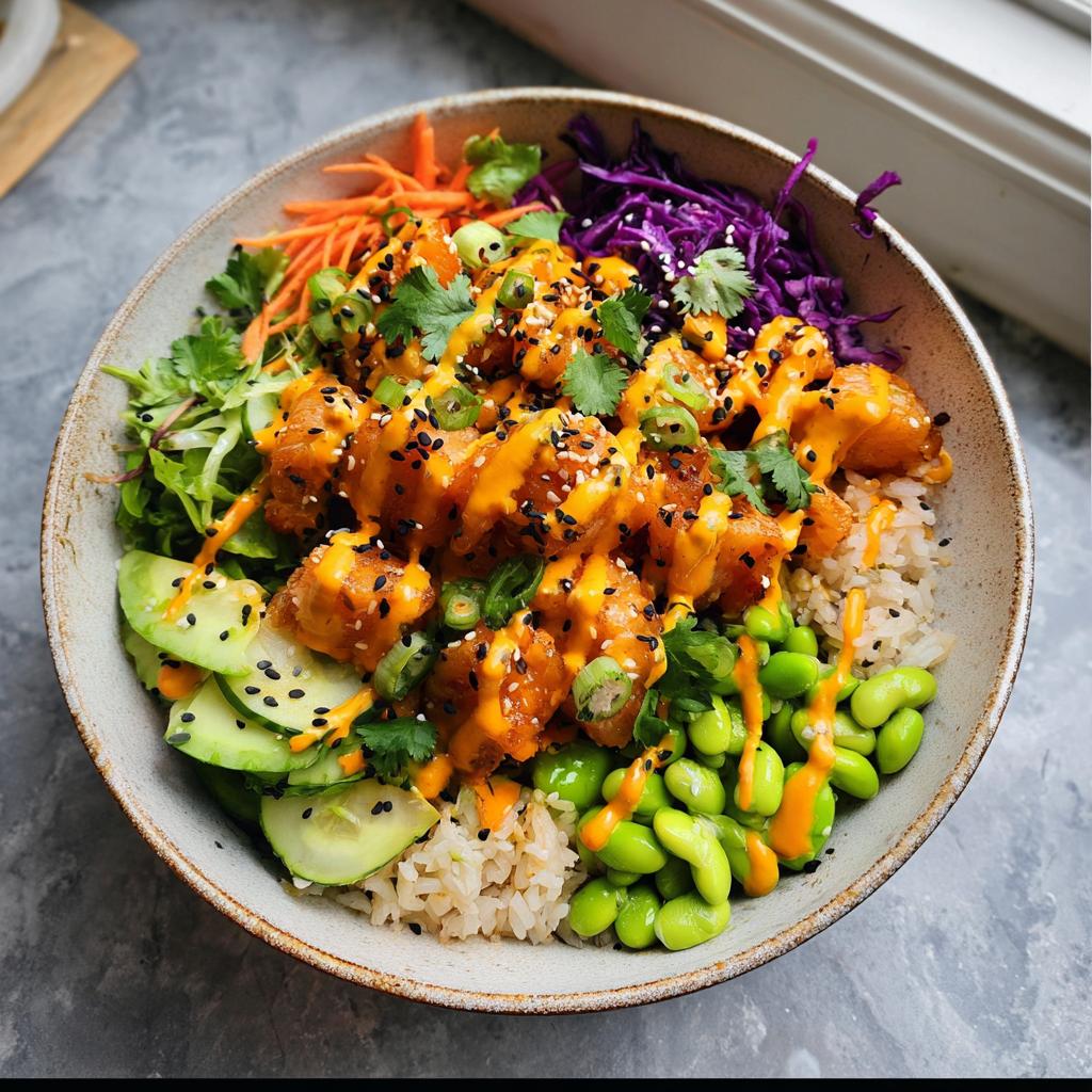 A vibrant bowl of Bang Bang Salmon Bites Bowls with rice, edamame, cucumber, carrots, and red cabbage, drizzled with sauce.