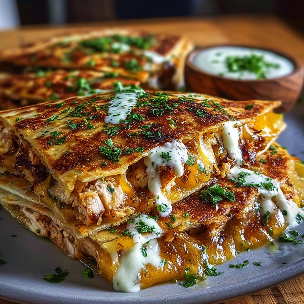 Close-up of Cheesy Hot Honey Chicken Quesadillas, oozing with melted cheese and drizzled with sauce.