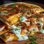 Stack of Cheesy Hot Honey Chicken Quesadillas drizzled with spicy jalapeño cream sauce and garnished with parsley.