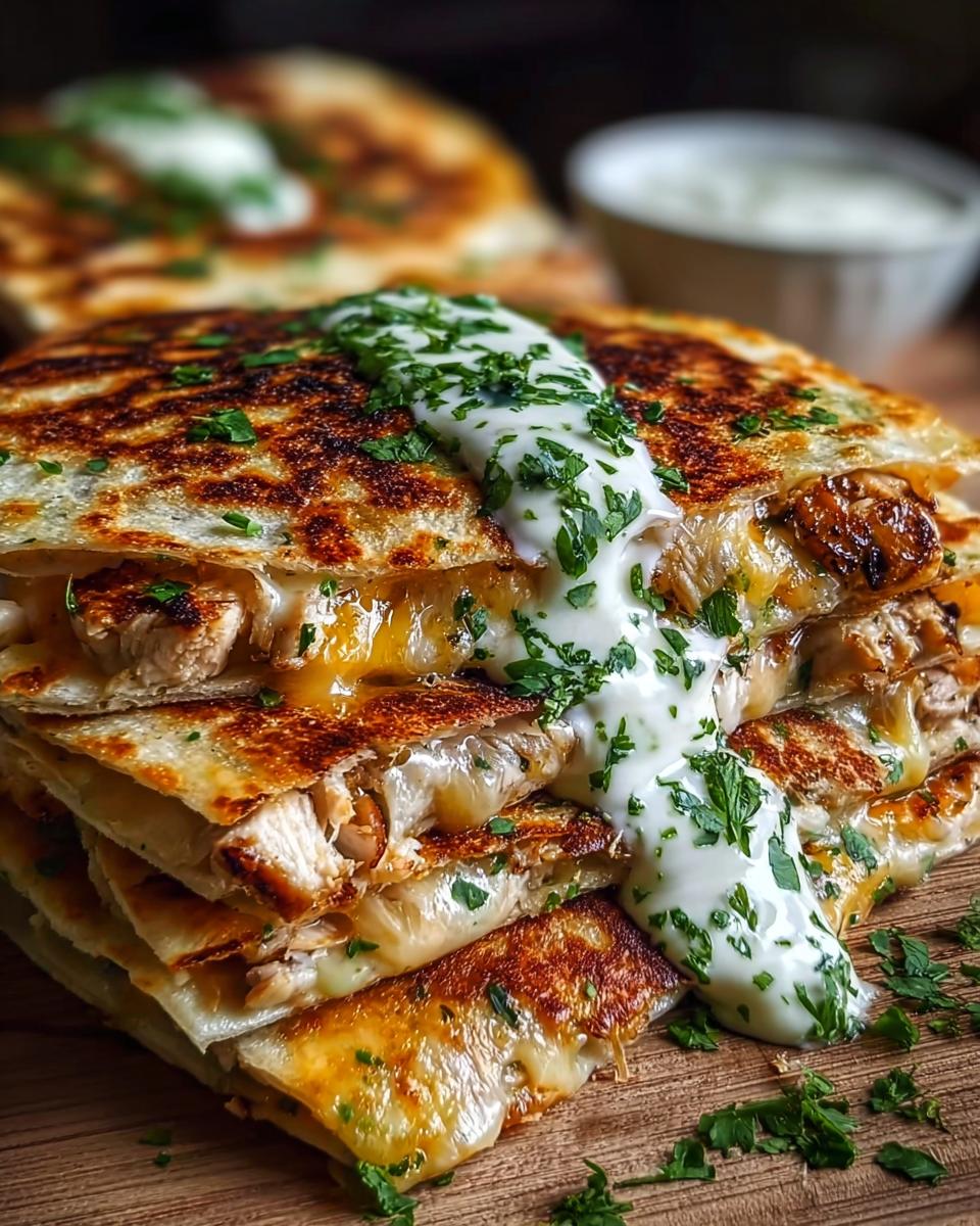 Stack of Cheesy Hot Honey Chicken Quesadillas topped with creamy sauce and parsley.