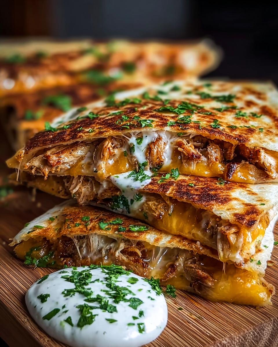 A stack of Cheesy Hot Honey Chicken Quesadillas, oozing with melted cheese and topped with fresh parsley.