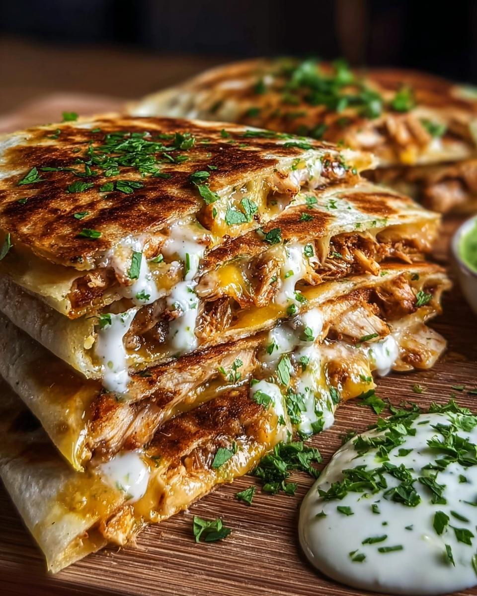 A stack of Cheesy Hot Honey Chicken Quesadillas, oozing with melted cheese and drizzled with sauce, garnished with parsley.