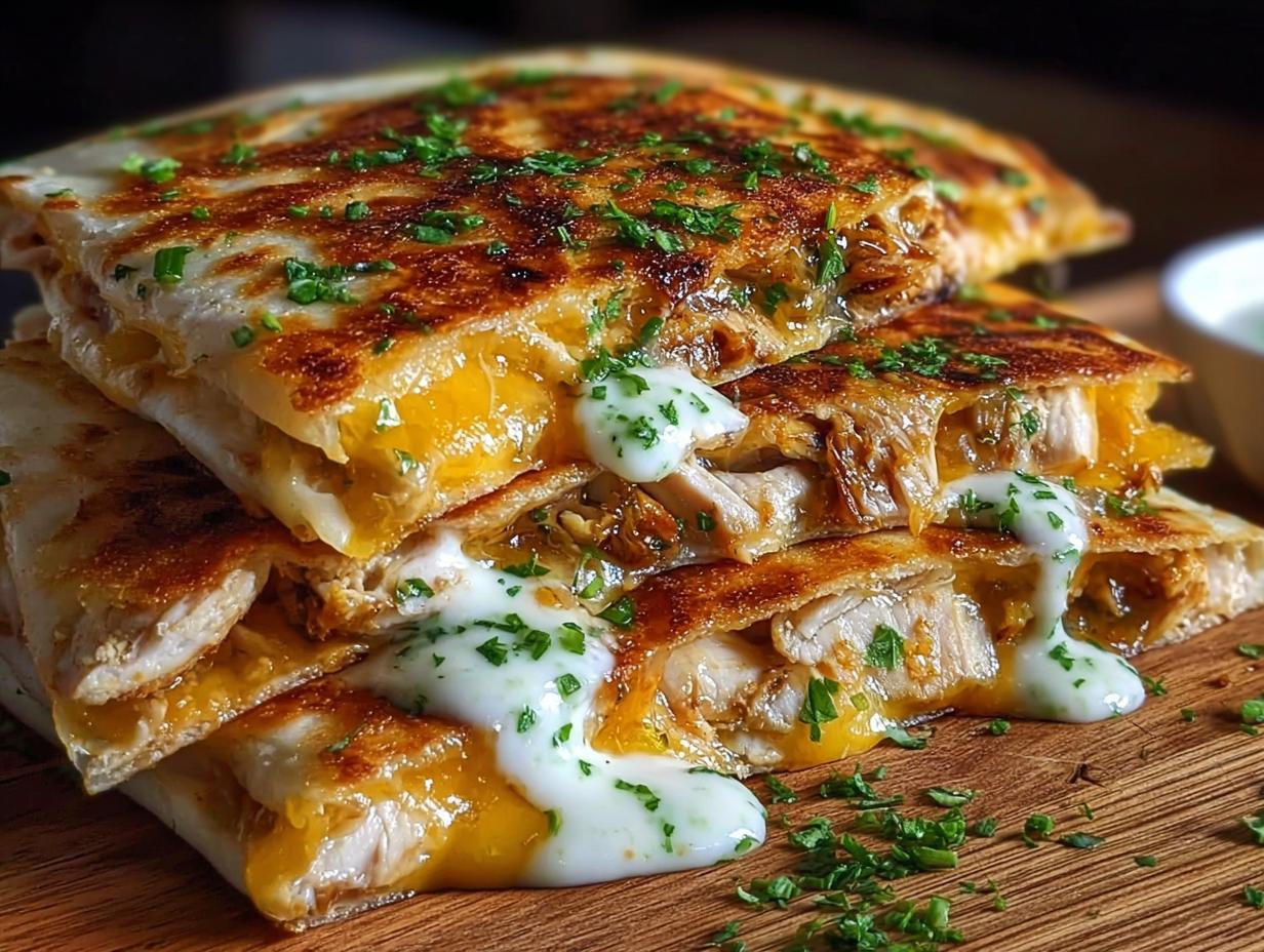Stack of Cheesy Hot Honey Chicken Quesadillas drizzled with spicy jalapeño cream sauce and garnished with parsley.
