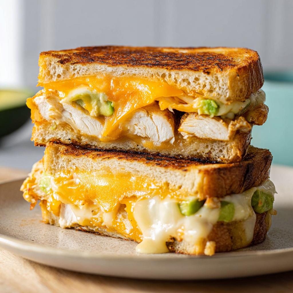 A stacked CHICKEN AVOCADO MELT SANDWICH with melted cheese and visible avocado chunks.