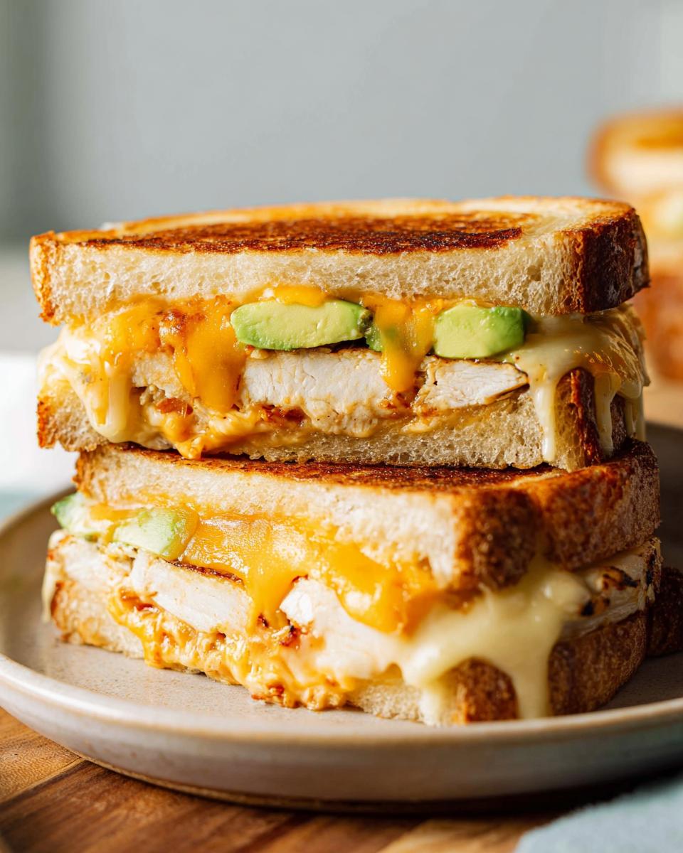 A close-up of a stacked CHICKEN AVOCADO MELT SANDWICH with melted cheese and fresh avocado slices.