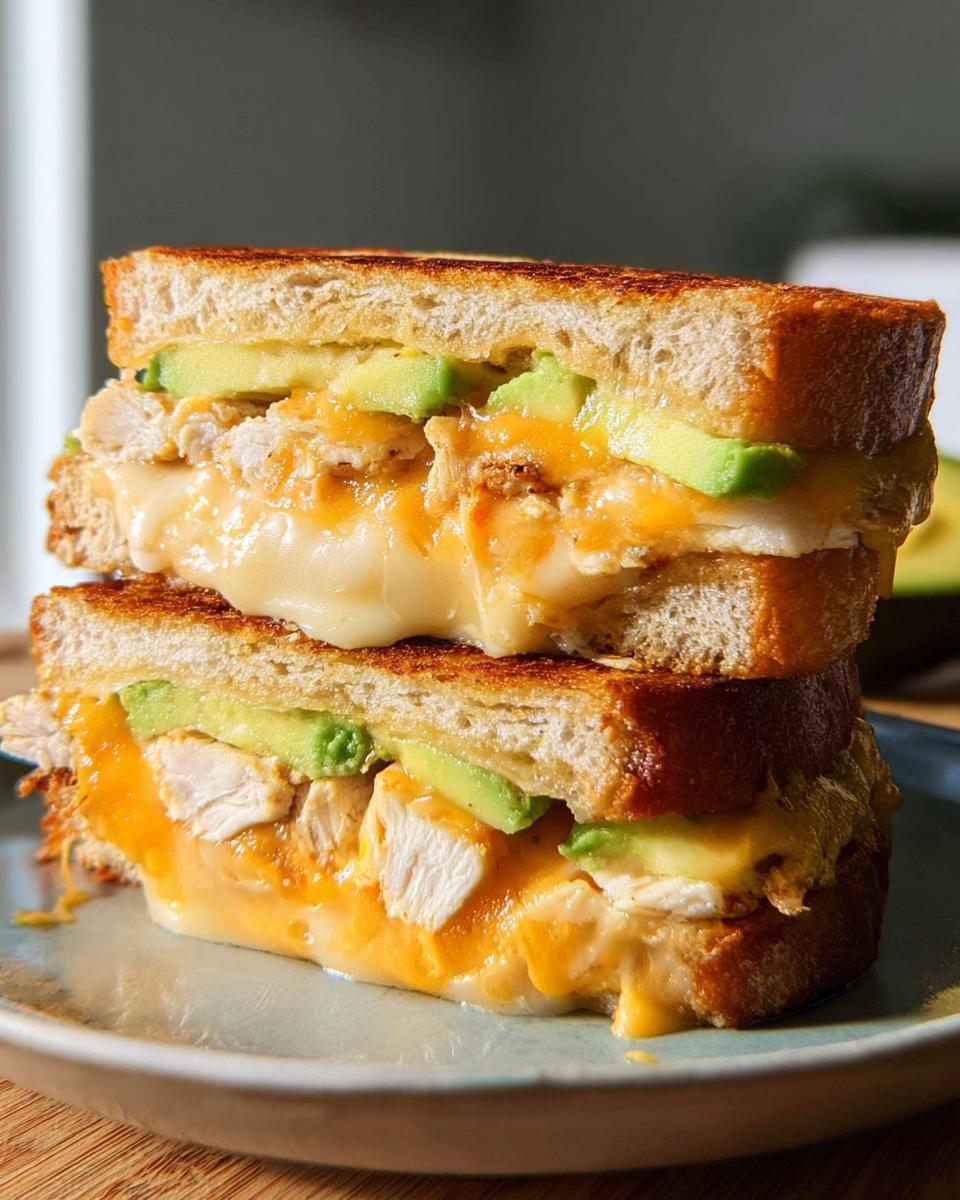 A close-up of a stacked CHICKEN AVOCADO MELT SANDWICH with melted cheese and fresh avocado.