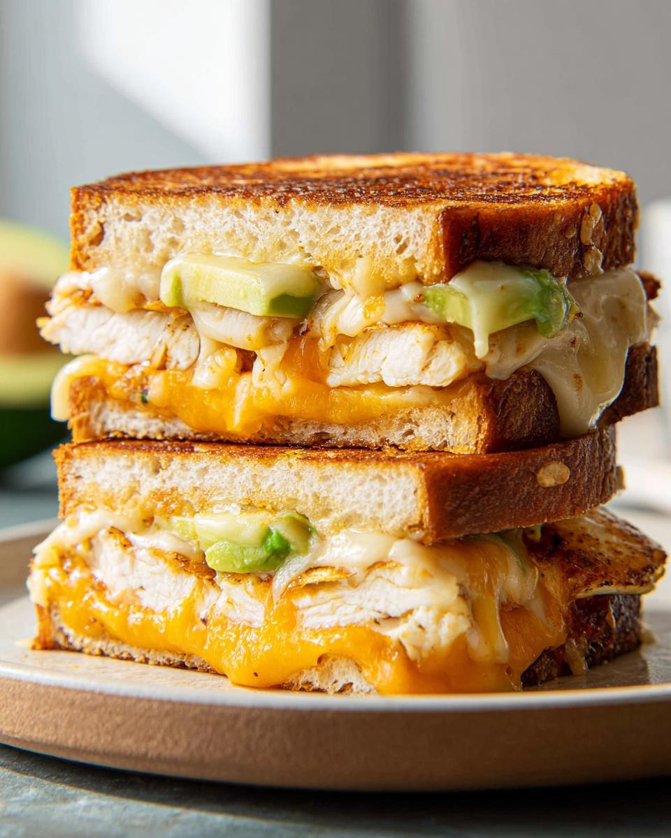 A close-up of a stacked CHICKEN AVOCADO MELT SANDWICH with melted cheese and avocado slices.