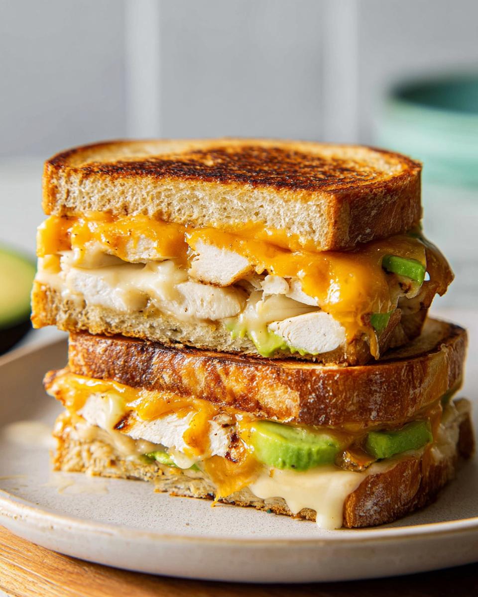 A stacked CHICKEN AVOCADO MELT SANDWICH with toasted bread, melted cheese, chicken, and avocado slices.