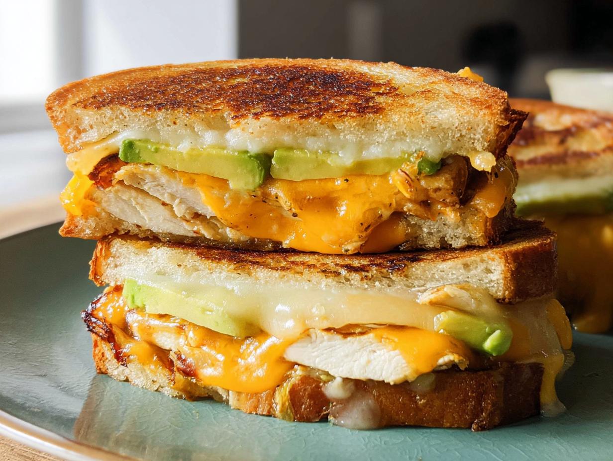 Close-up of a stacked CHICKEN AVOCADO MELT SANDWICH with melted cheese and fresh avocado slices.