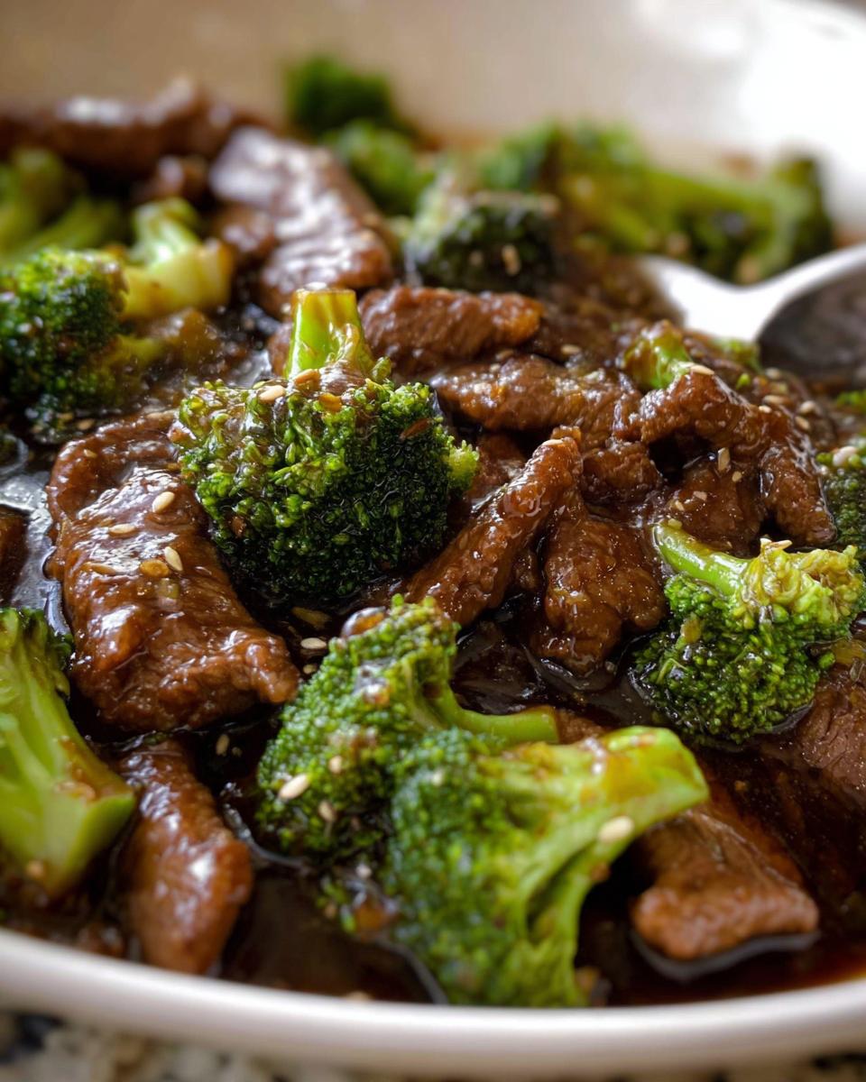 Close-up of tender slices of Chinese beef and broccoli florets coated in a glossy sauce, sprinkled with sesame seeds.