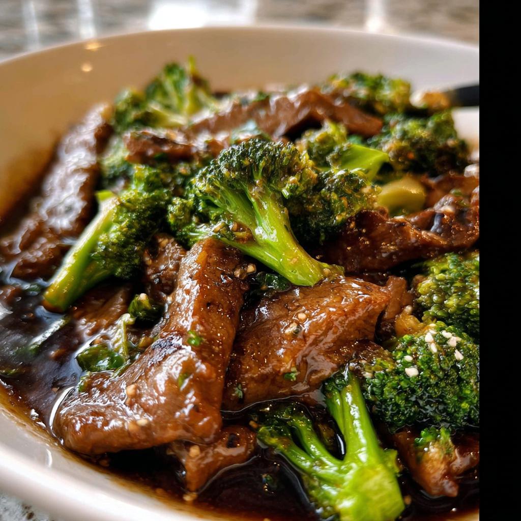 Close-up of tender slices of beef and vibrant broccoli florets coated in a glossy sauce, a classic Chinese Beef and Broccoli.