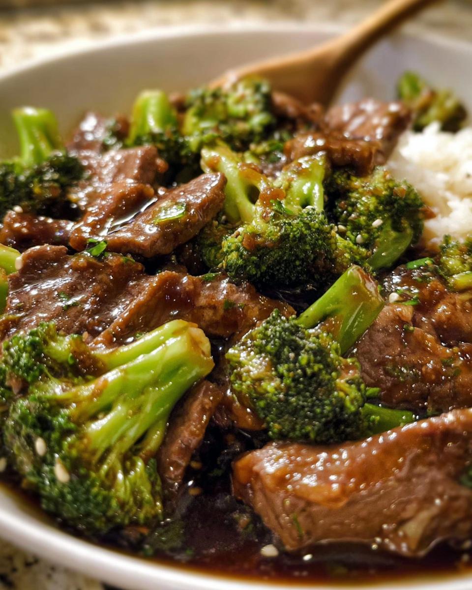 Close-up of a bowl filled with tender Chinese Beef and Broccoli in a savory sauce, served with white rice.