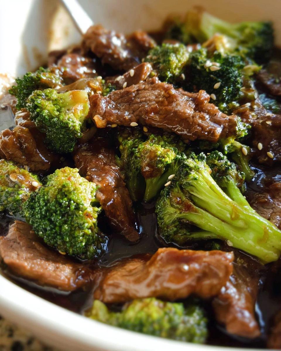 Close-up of tender slices of beef and vibrant broccoli florets coated in a glossy sauce, sprinkled with sesame seeds.