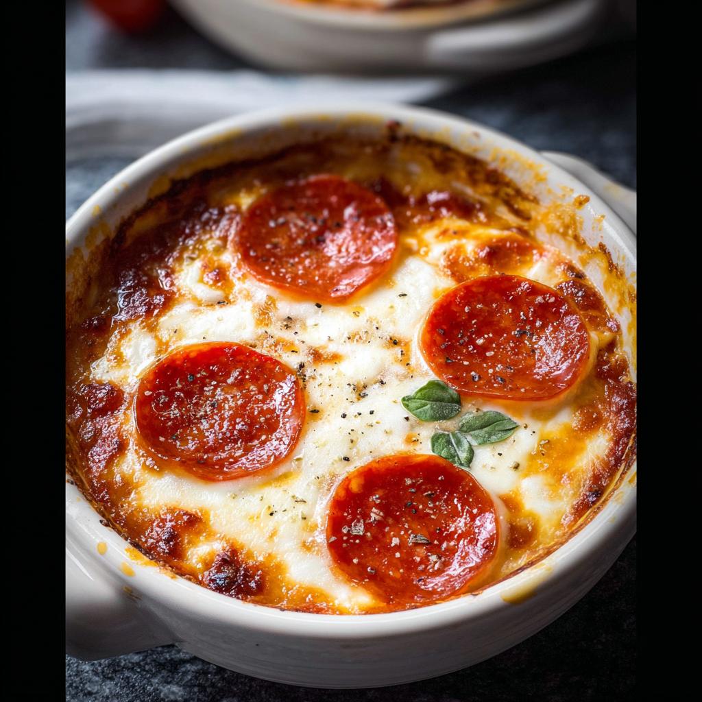 A close-up of a baked Cottage Cheese Pizza Bowl topped with melted cheese and pepperoni slices.