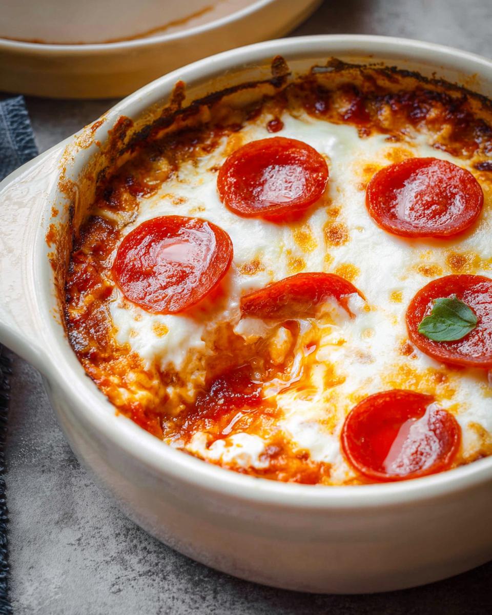 Close-up of a baked Cottage Cheese Pizza Bowl topped with melted cheese and pepperoni slices.