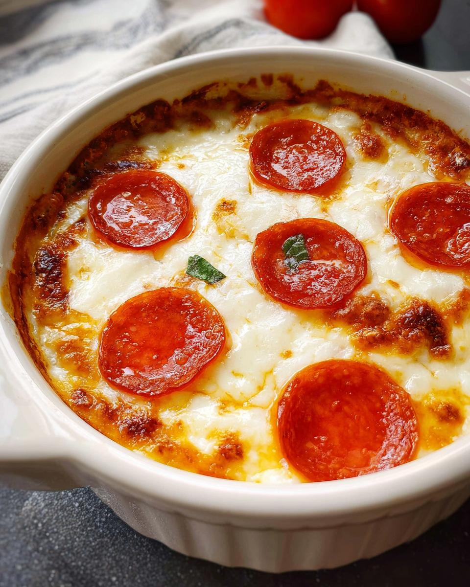 A close-up of a baked Cottage Cheese Pizza Bowl topped with melted cheese and pepperoni slices.