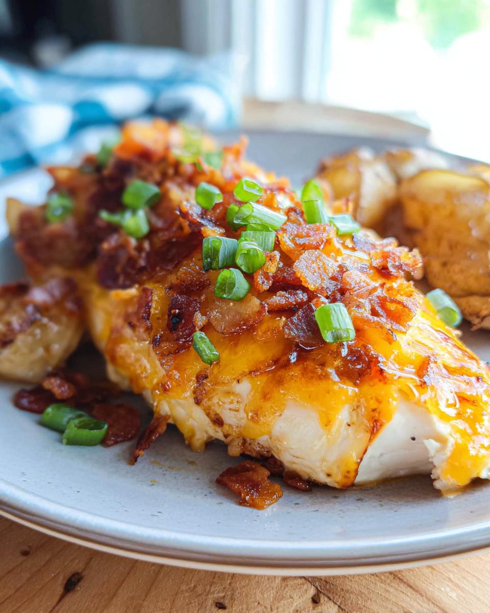A delicious serving of Cowboy BBQ Bacon Cheddar Chicken topped with crispy bacon bits and green onions.