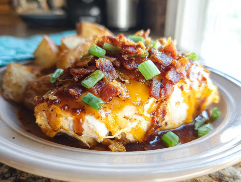 A juicy piece of Cowboy BBQ Bacon Cheddar Chicken topped with melted cheddar cheese, crispy bacon, and green onions, served with roasted potatoes.